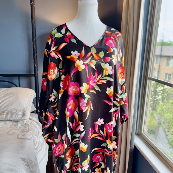 Natori Black Tropical Floral Satin Caftan Muumuu Dress - Picture 3 of 11